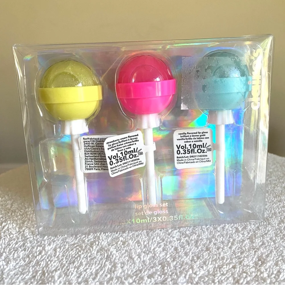 5/$25 Claire's Lip Gloss Set 3 Strawberry Vanilla Lollipops Yellow Pink Blue
